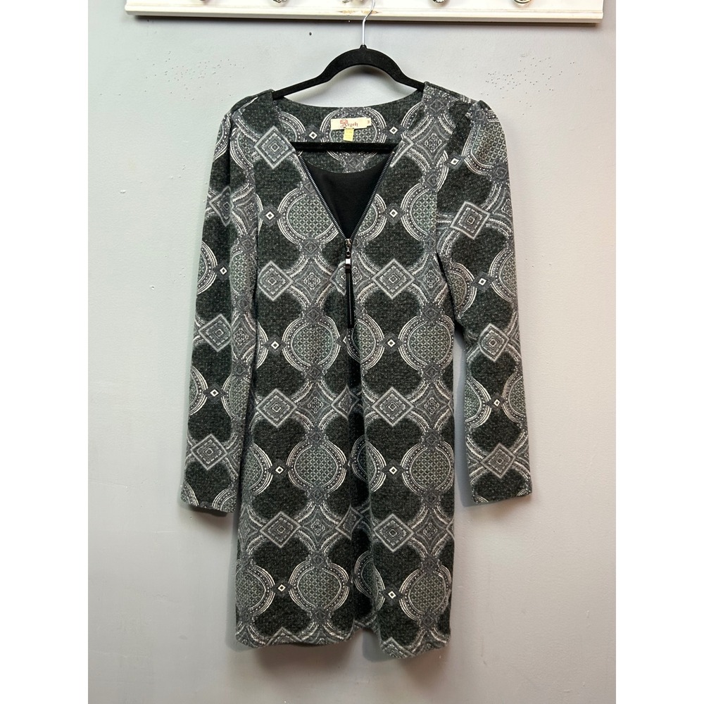 Aryeh Sweater Dress Womens Medium Grey Geometric Half Zip Long Sleeve Tunic Knit